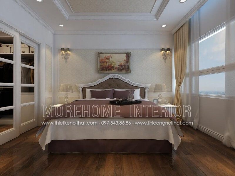 Thiết kế giường ngủ tân cổ điển với phần khung gỗ tần bì nhập khẩu phun sơn trắng Alkana cao cấp, đầu giường bọc nỉ mang lại một không gian sinh động đầy màu sắc